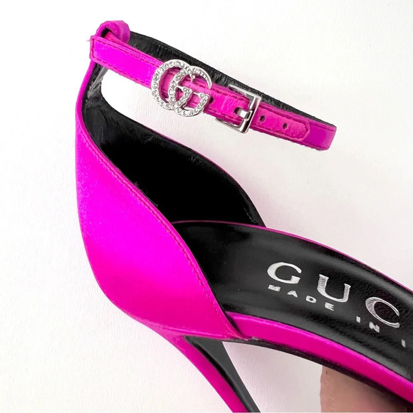 NEW GUCCI Crystal GG Embellished Hot Pink Fuchsia Satin Heel Sandal Ankle Strap - Picture 12 of 16